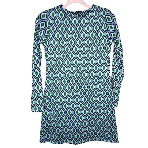Zara Jacquard Retro Mod Knit Mini Dress Green/Blue Size S NWOT - Picture 1 of 5